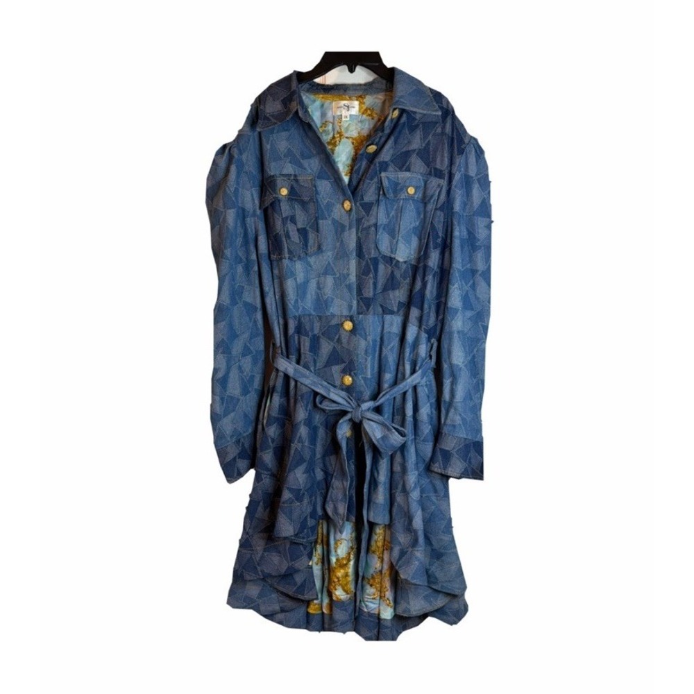 Sassy Jones Blue Geometric Patchwork Denim Dress Trench Coat Size 1X
